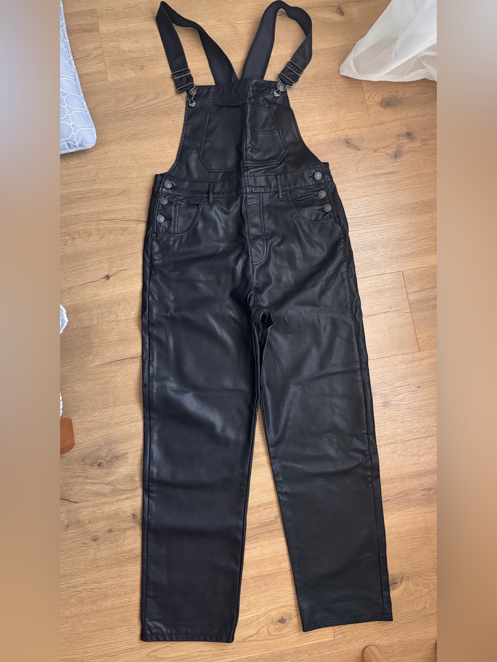 Free People Black Faux Leather Overall Jumpsuit